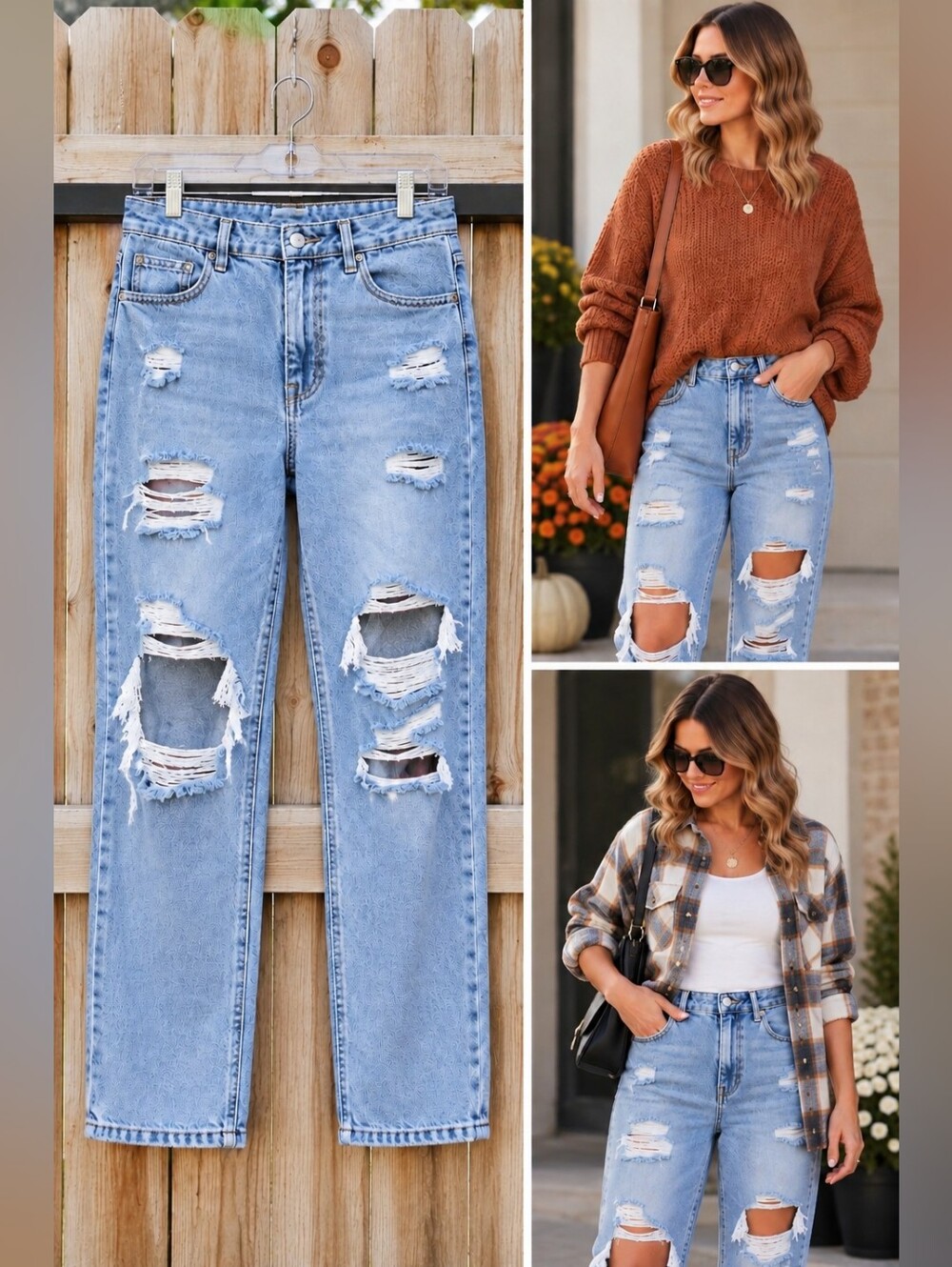 SHEIN Women’s XL Light Wash High Rise Distressed Ripped Boyfriend Jeans